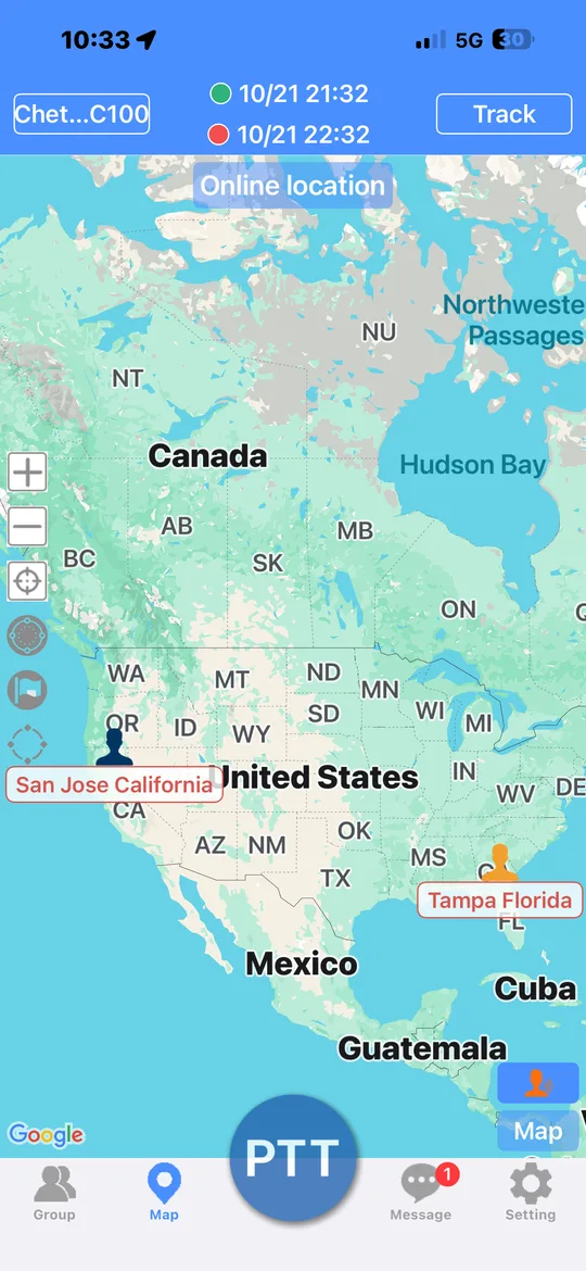 HearClear PTT app GPS map showing user locations across the United States