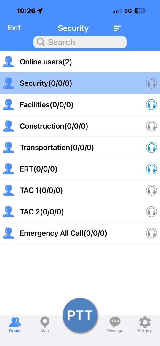 HearClear PTT app talk group list showing Security, Facilities, Construction, Transportation and other channels